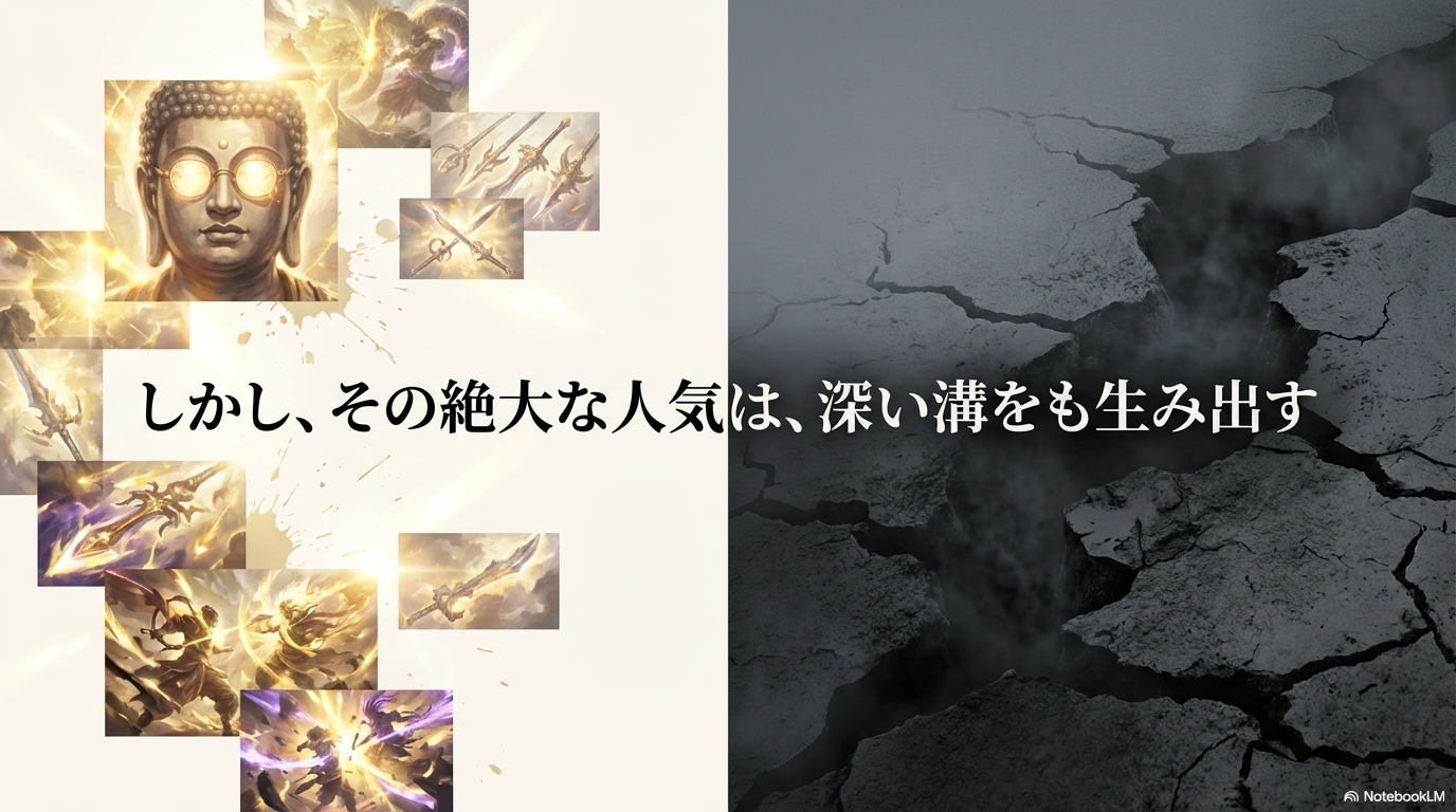 釈迦の絶大な人気が深い溝を生み出すことを示唆するイメージスライド