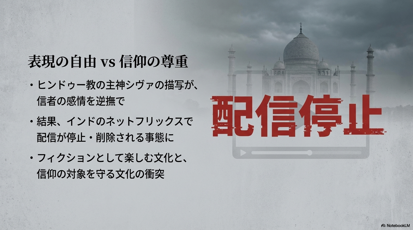 インドのNetflixで配信が停止・削除された経緯と表現の自由対信仰の尊重を解説するスライド