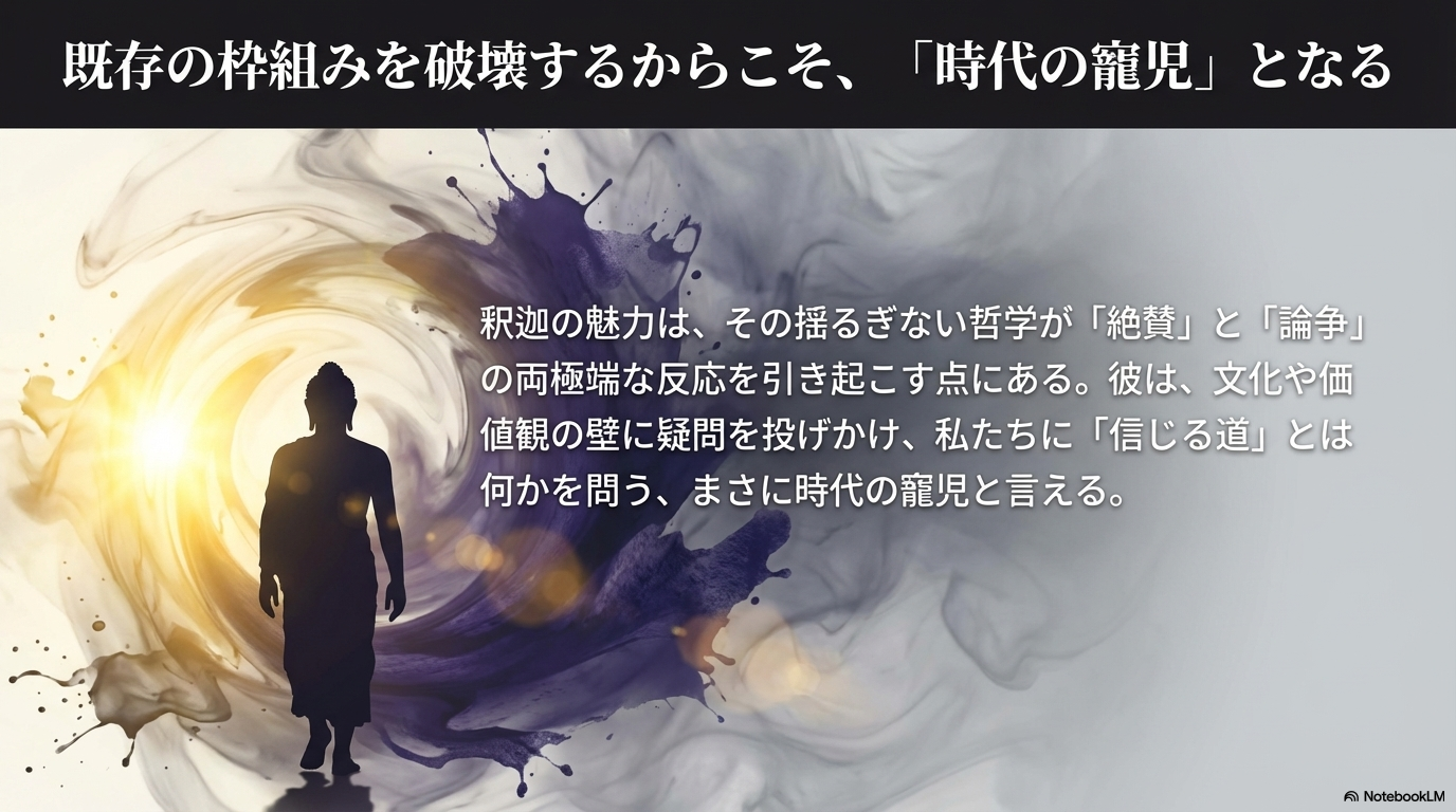 既存の枠組みを破壊し時代の寵児となった釈迦の魅力をまとめたスライド画像