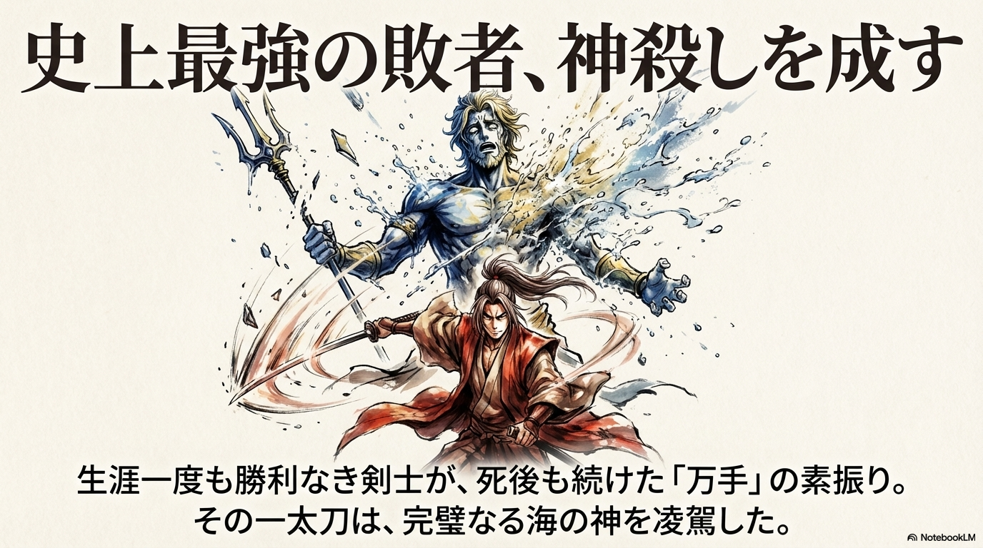 史上最強の敗者・佐々木小次郎が、海の神ポセイドンを一刀両断し人類初勝利を挙げた瞬間のイラスト。