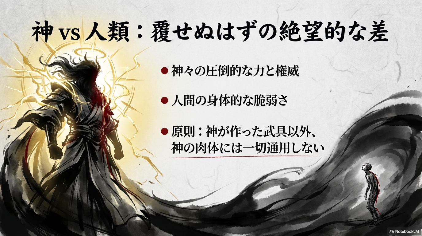 神々の圧倒的な力と人間の身体的脆弱さを対比し、神が作った武具以外は通用しないというラグナロクの前提条件を説明するスライド。