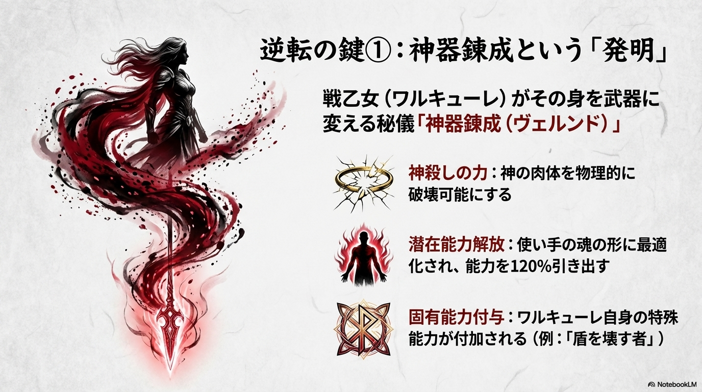 戦乙女が武器に姿を変える神器錬成の解説。神を破壊可能にする力や、使い手の能力を120%引き出す潜在能力解放、固有能力付与についての説明。