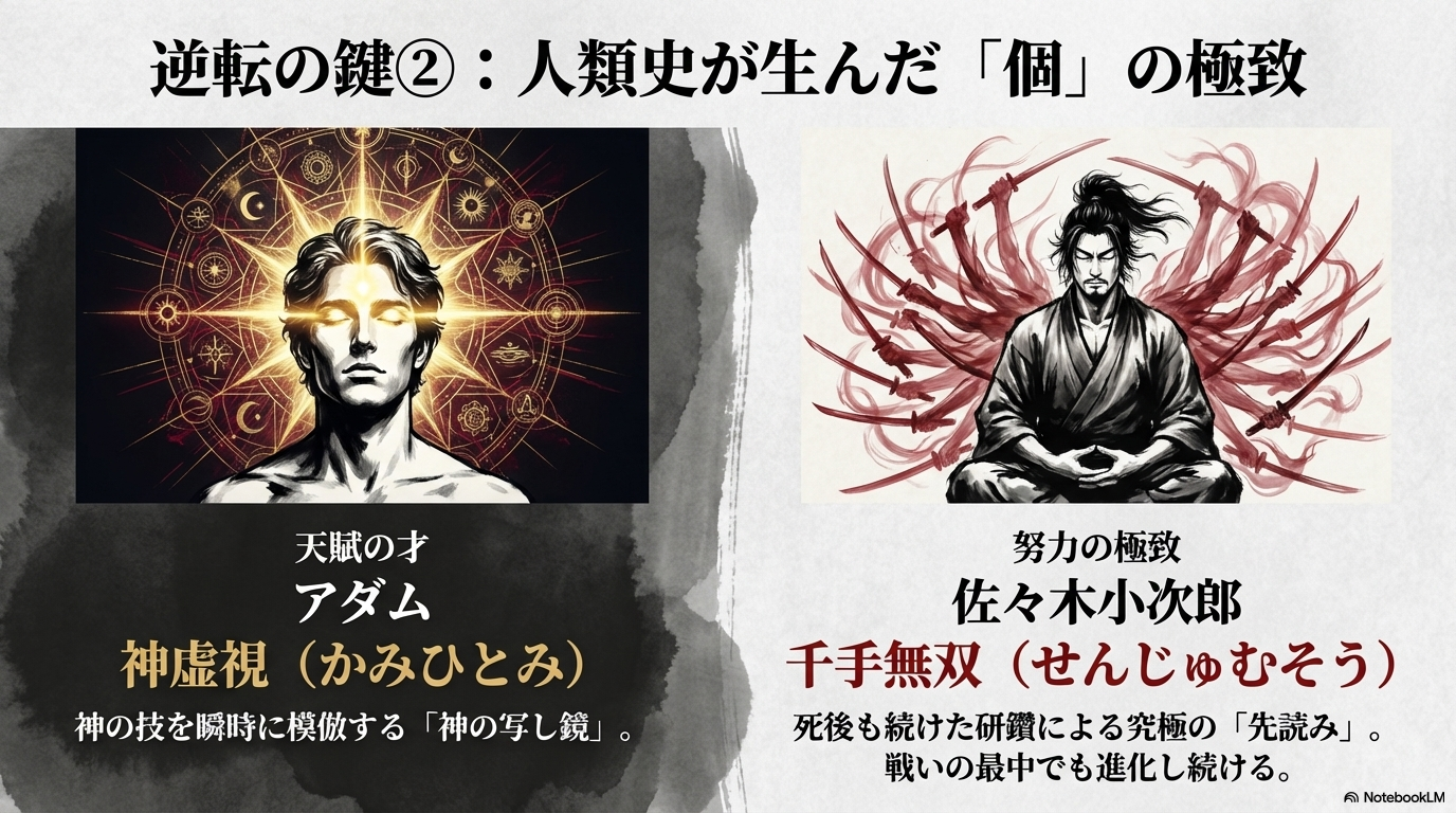 神の技を模倣するアダムの神虚視と、死後も研鑽を続けた佐々木小次郎の千手無双を、「個の極致」として紹介するスライド。