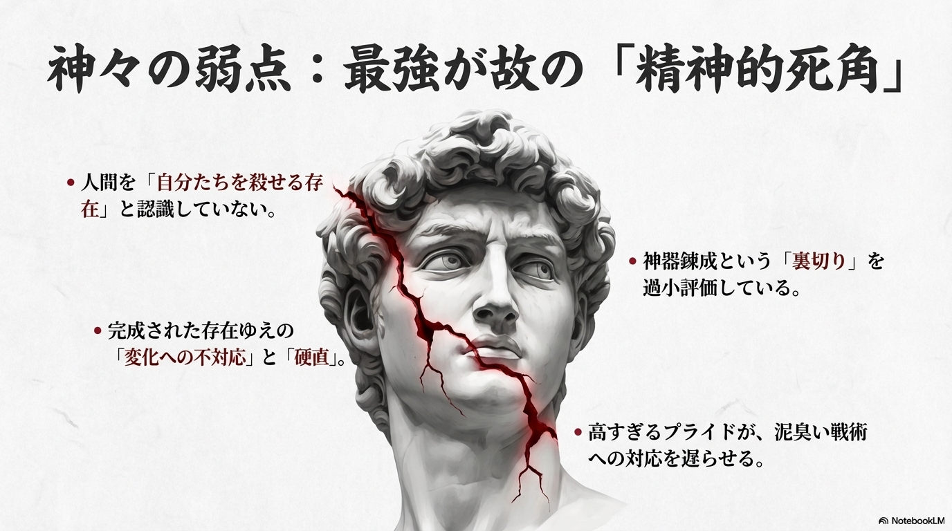 神が人間を過小評価する慢心や、完成された存在ゆえの硬直、高すぎるプライドが敗因となる精神的死角を解説するスライド。
