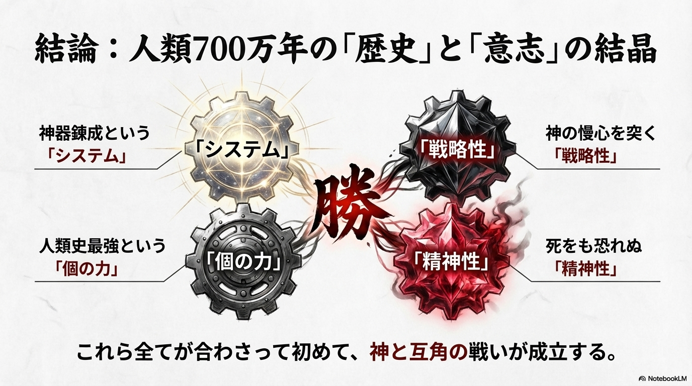 神器錬成というシステム、個の力、戦略性、精神性のすべてが合わさって神と互角の戦いが成立することを図解した結論スライド。