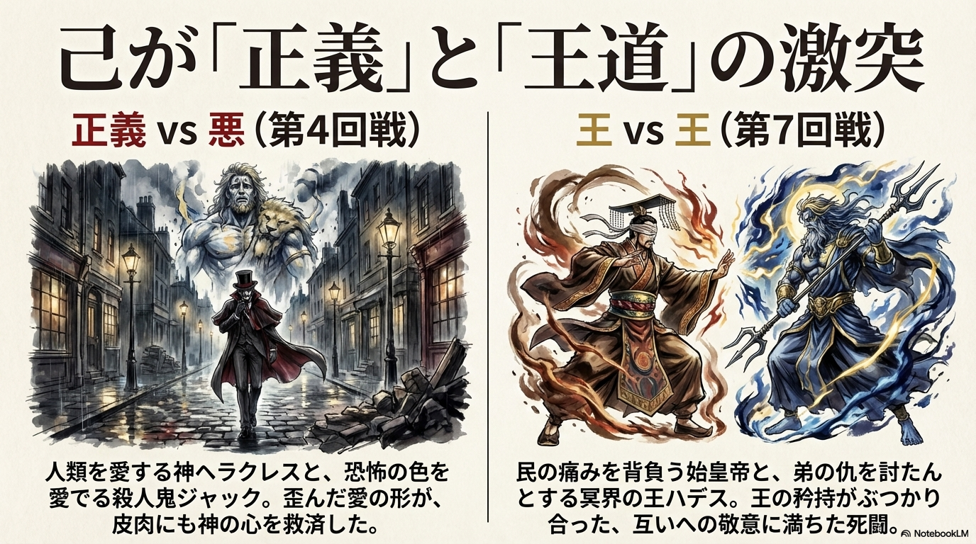 正義のヘラクレス対殺人鬼ジャック・ザ・リッパー、冥界の王ハデス対始皇帝。それぞれの信念がぶつかり合う対戦カード。