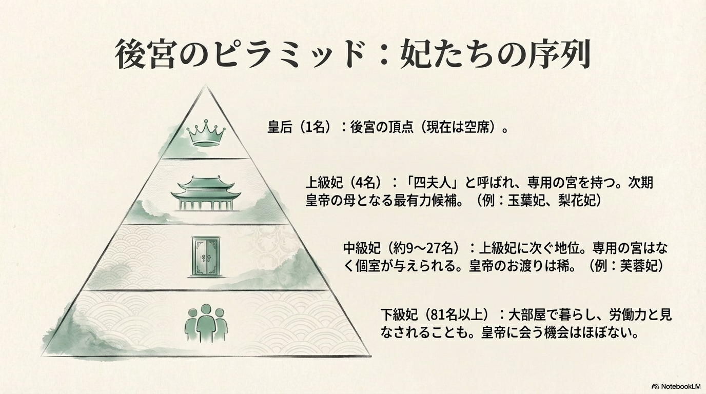 皇后、上級妃、中級妃、下級妃の人数と待遇の違いをまとめた一覧表