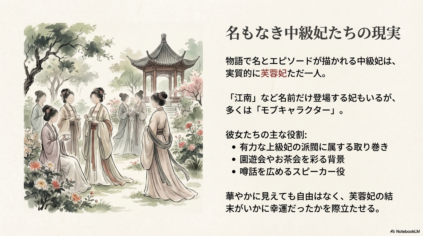 園遊会やお茶会で派閥の取り巻きとして過ごすモブの中級妃たちのイラスト