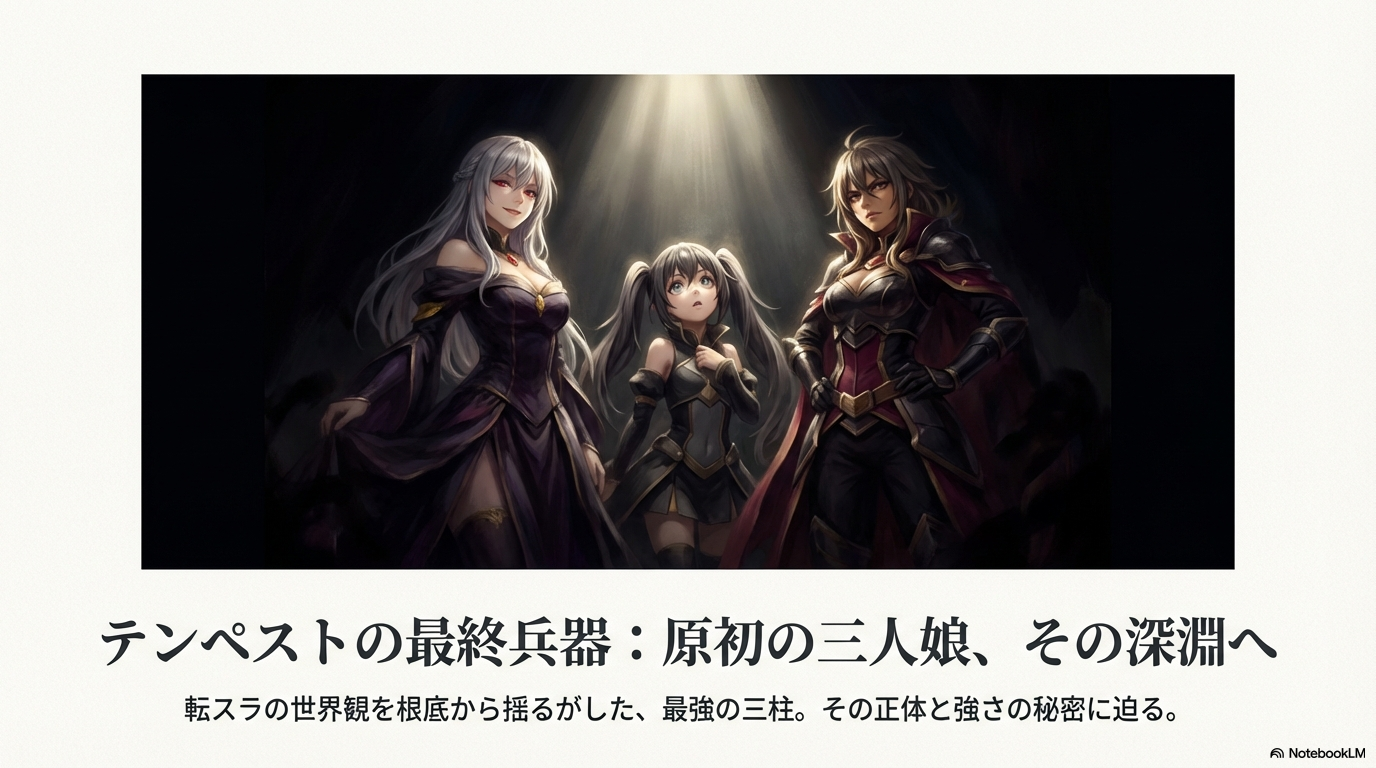 闇の中でスポットライトを浴びるテスタロッサ、ウルティマ、カレラの三柱の悪魔。転スラの原初の三人娘の威厳ある姿。