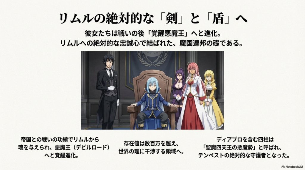 玉座に座るリムルと、その背後に控えるディアブロ、テスタロッサ、ウルティマ、カレラ。「聖魔四天王の悪魔勢」の集結。