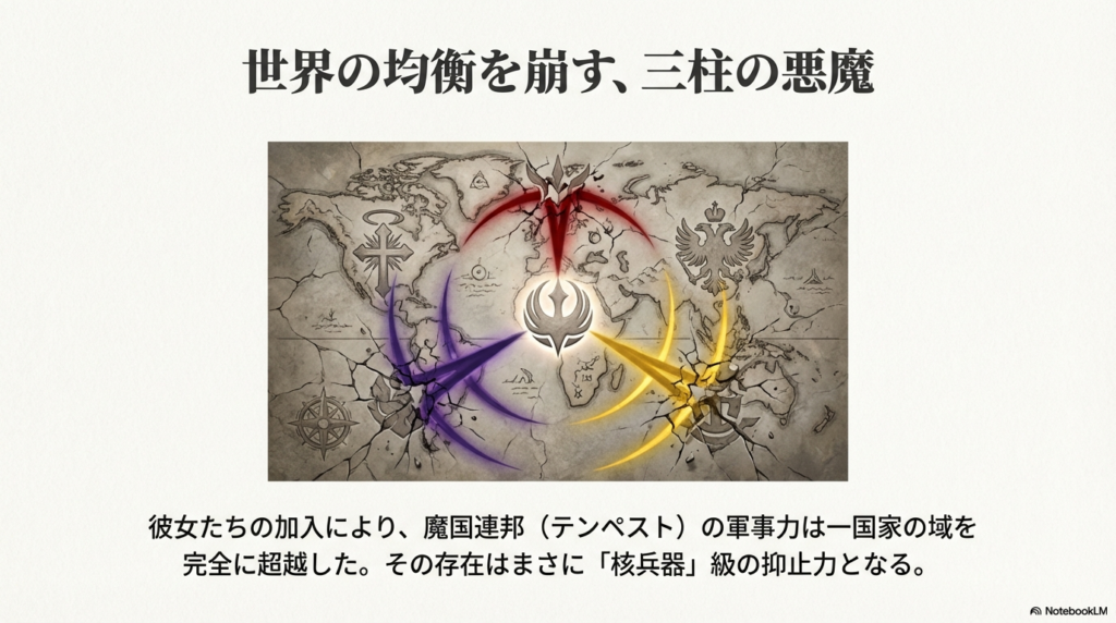 世界地図を背景に、紫と黄色のエネルギーが中央の紋章に向かって収束するイメージ。一国家を超越した軍事力の象徴。
