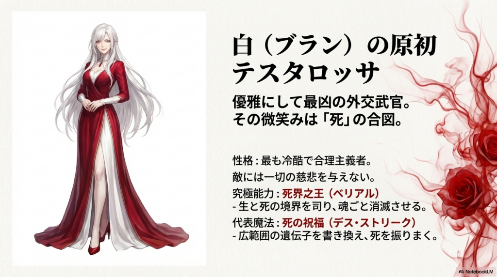 テスタロッサのバストアップと、究極能力「死界之王（ベリアル）」や魔法「死の祝福（デス・ストリーク）」の解説テキスト。