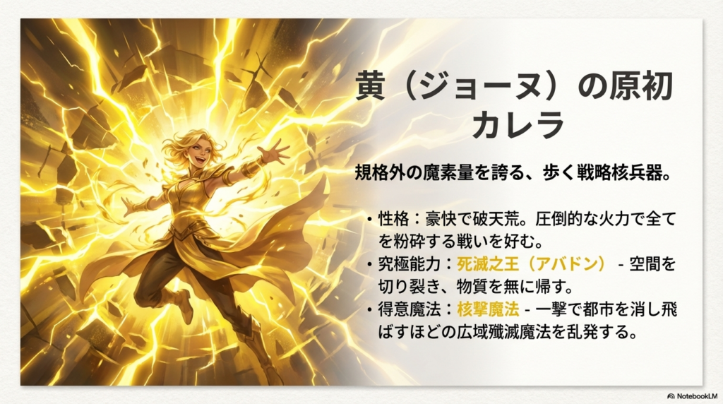 カレラのイラストと、究極能力「死滅之王（アバドン）」、広域殲滅魔法「核撃魔法」に関するテキスト。