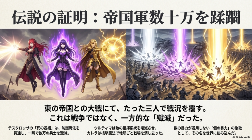 戦場で魔法を放つ三人娘と、次々に撃破される帝国軍の戦車や兵士たち。圧倒的な「個の暴力」の描写。