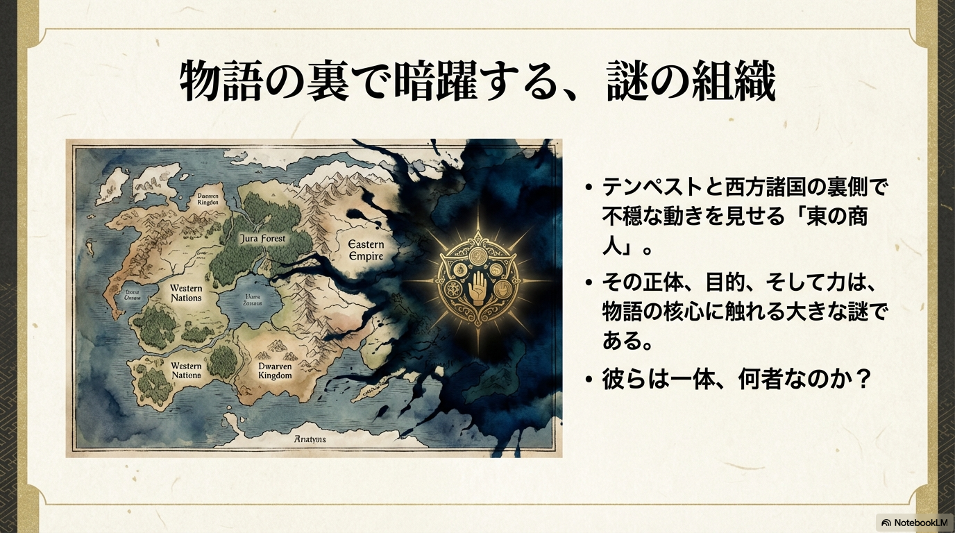転生したらスライムだった件の舞台となるジュラ・テンペスト連邦国や東の帝国の位置関係を示す地図と東の商人の解説スライド。