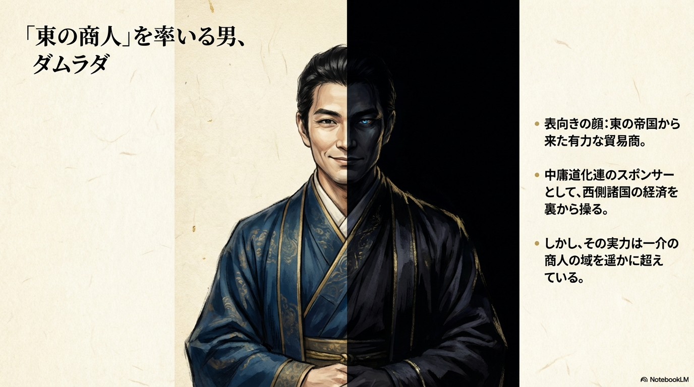 穏やかな貿易商としての顔と、冷徹な帝国の幹部としての影を持つダムラダの対比画像。