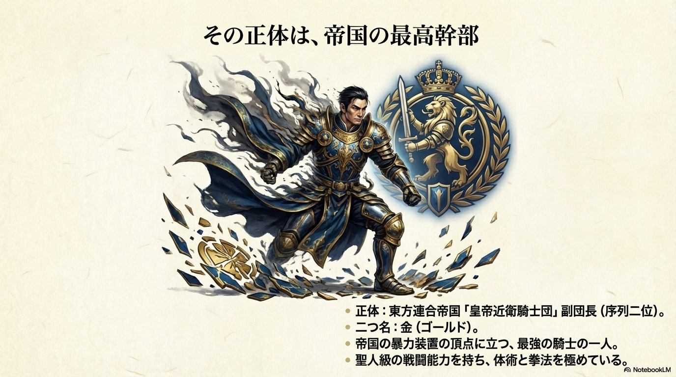 重厚な甲冑に身を包んだダムラダ。東方連合帝国「皇帝近衛騎士団」副団長という真の姿の解説。