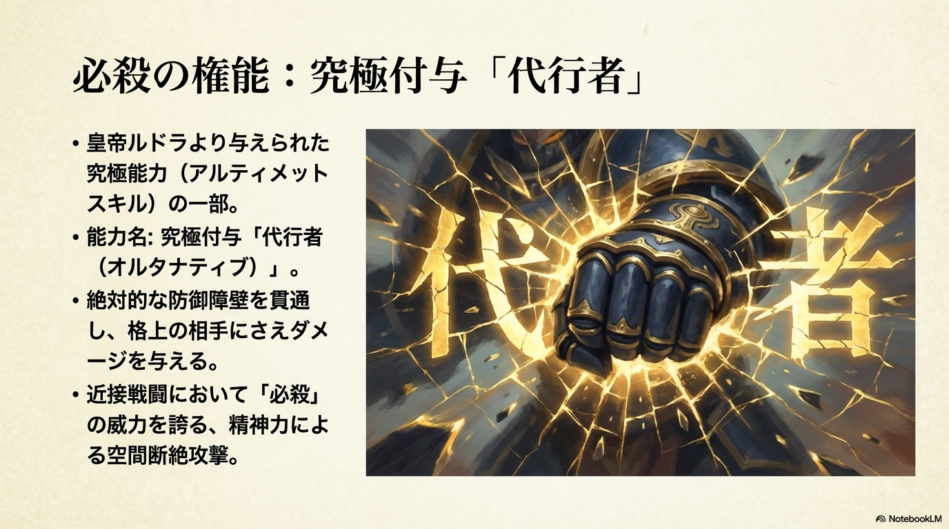 黄金のオーラを纏った拳。精神力による空間断絶攻撃を可能にする究極付与「代行者」の能力解説。