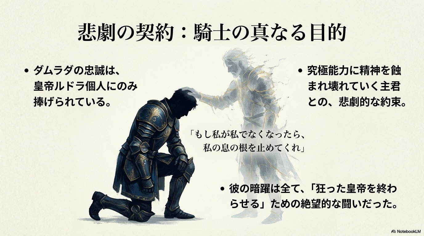 膝をつき皇帝への忠誠を誓う騎士。人格が崩壊していくルドラと交わした「息の根を止めてくれ」という約束の解説。