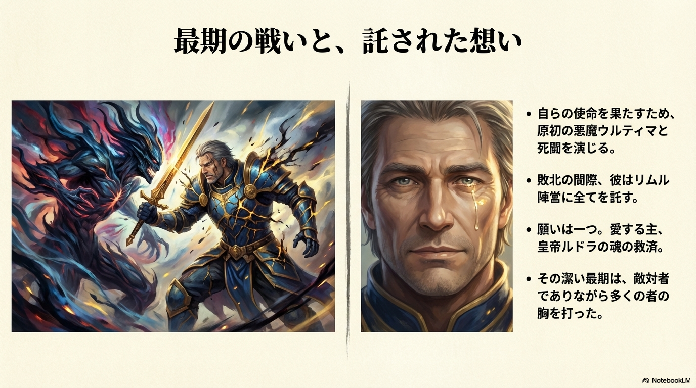 原初の悪魔ウルティマと戦うダムラダ。敗北の間際、ルドラの魂の救済をリムル陣営に託すシーン。