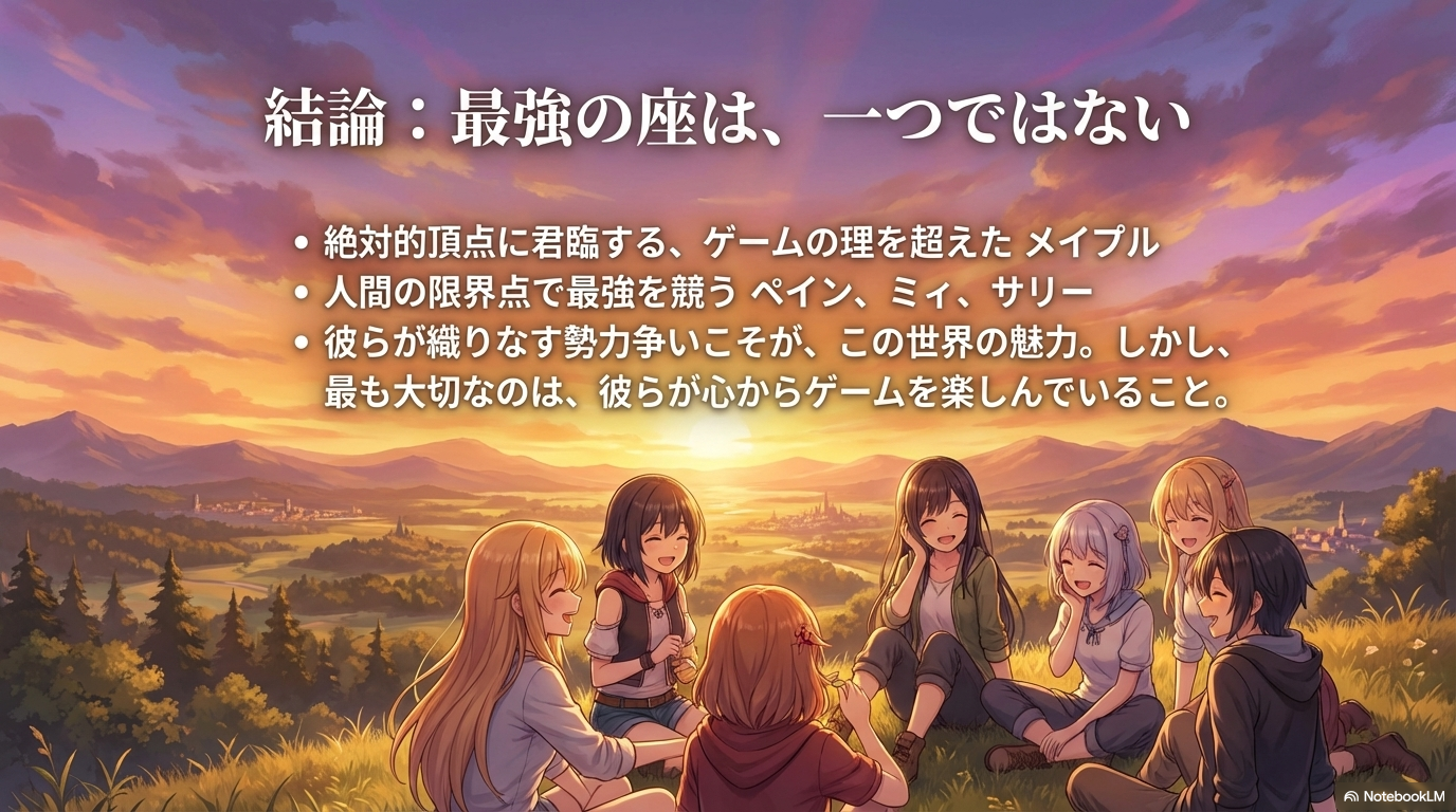 ゲームの理を超えたメイプルと、限界で競う他プレイヤーたちが織りなす、防振り最強ランキングの結論をまとめたスライド。