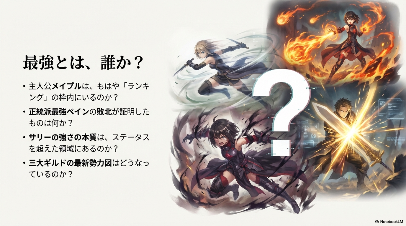 アニメ防振りの最強ランキングにおいて注目されるメイプル、ペイン、サリー、三大ギルドの疑問をまとめたスライド画像。