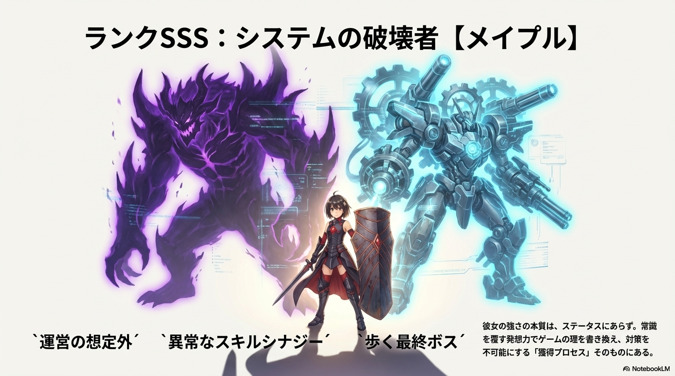 防振りアニメ最強ランキング不動の1位、メイプルのSSSランク評価と「システムの破壊者」としての特徴を解説するスライド。
