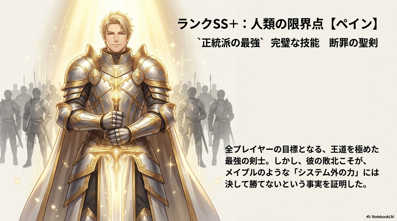 防振りアニメ最強ランキングSS+、ペインの「正統派の最強」としての能力と、メイプル戦での敗北を考察したスライド。