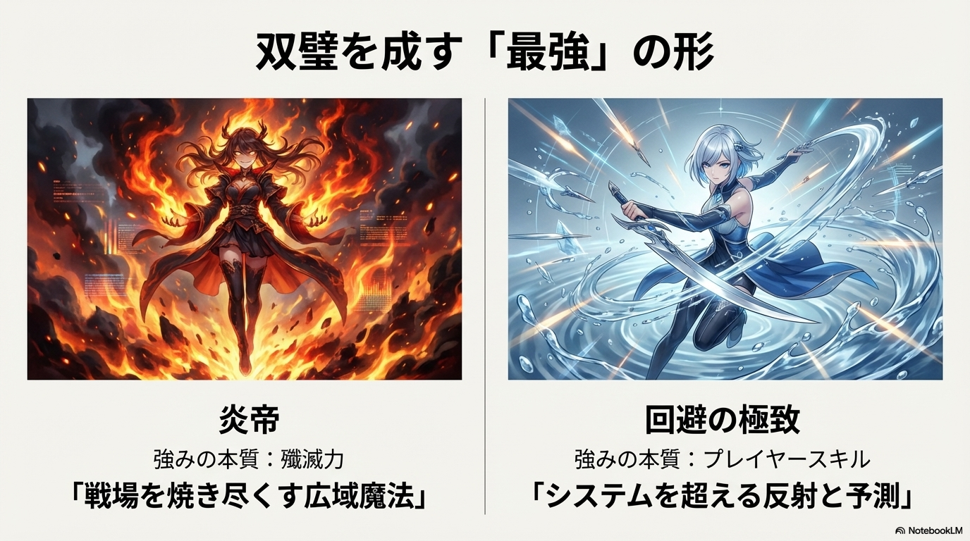 広域殲滅魔法のミィと、プレイヤースキルで回避を極めるサリーという、異なる「最強」の形を解説したスライド。