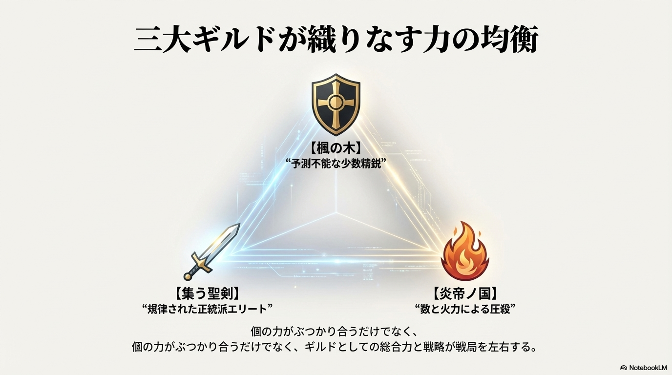 楓の木、集う聖剣、炎帝ノ国の三大ギルドの特徴と、防振りアニメ最強ランキングにおけるギルド単位の勢力図を解説する画像。