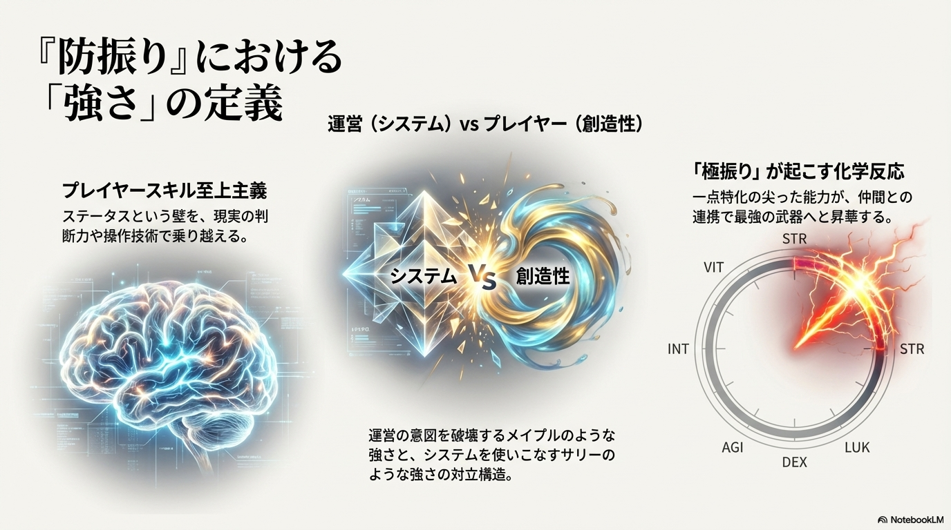 ステータス（システム）を重視する派閥と、発想力（創造性）でそれを超えるプレイヤーの対立構造を定義した解説画像。