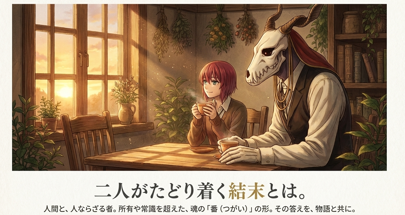 スレイ・ベガとしてのチセの寿命問題と、完結に向けて予想される「人間として生きるか、人外として生きるか」の選択肢をまとめた考察スライド。