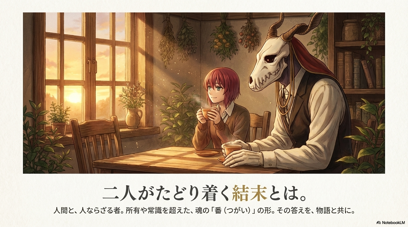 スレイ・ベガとしてのチセの寿命問題と、完結に向けて予想される「人間として生きるか、人外として生きるか」の選択肢をまとめた考察スライド。