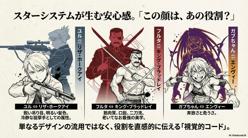 ユルとリザ・ホークアイ、フルタとブラッドレイ、ガブちゃんとエンヴィーを並べ、デザインが伝える役割の共通点を解説した図 。