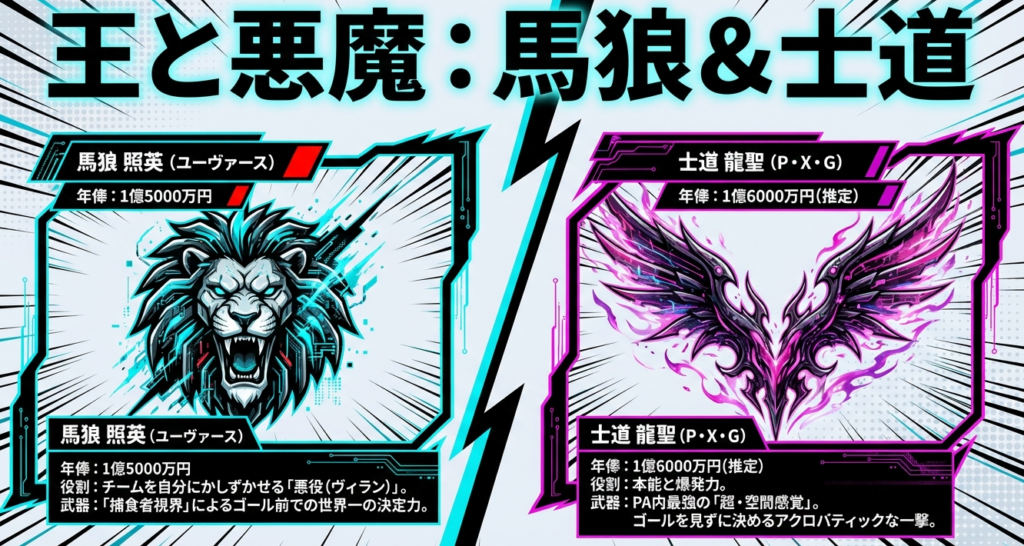 悪役としての役割を持つ馬狼照英と本能で動く士道龍聖、それぞれの年俸と武器を比較したスライド