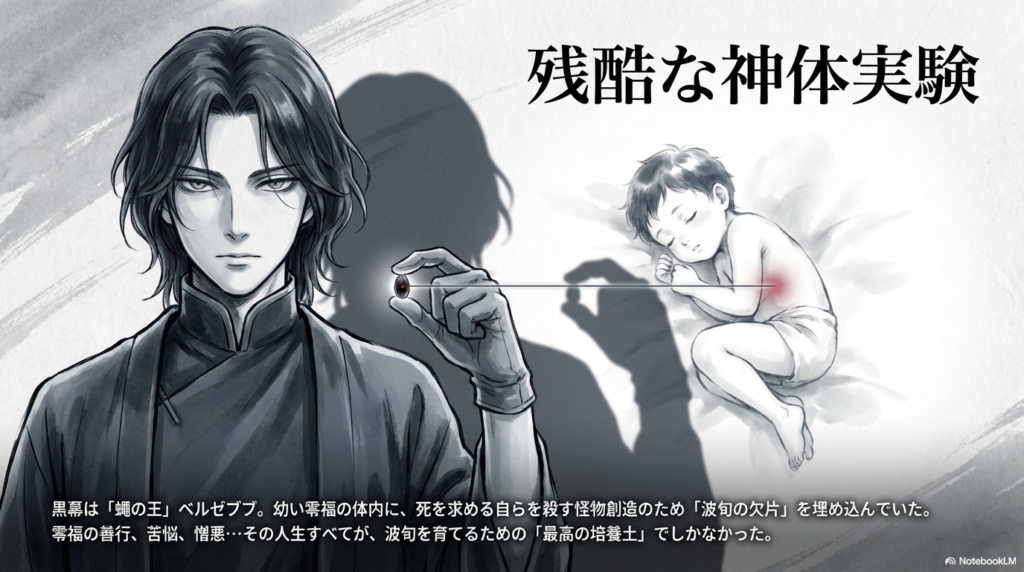 波旬復活のために零福の体内に「波旬の欠片」を埋め込んだ黒幕ベルゼブブの図解