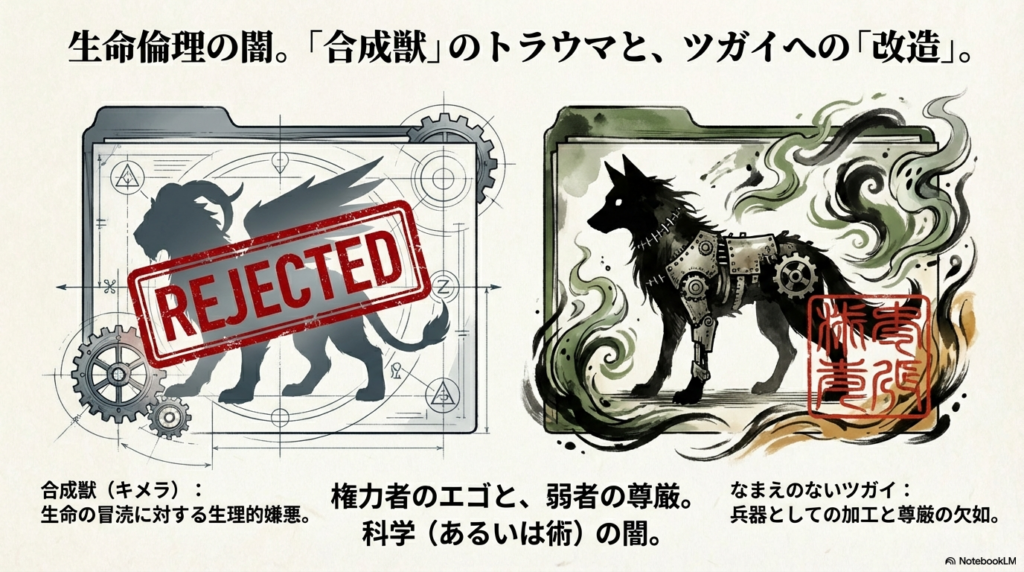 生命を弄ぶ「合成獣（キメラ）」と兵器として加工される「なまえのないツガイ」を通じて、権力者のエゴを告発するテーマ解説 。