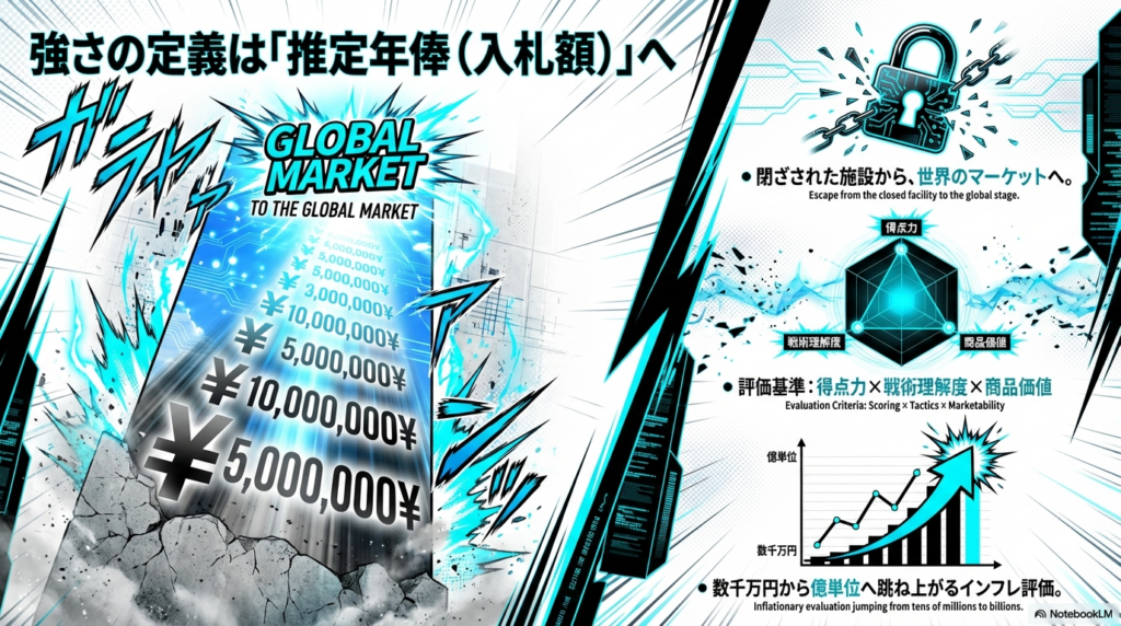 ブルーロックの強さの定義が得点力だけでなく、戦術理解度や商品価値を含めた推定年俸へと移行していることを示すグラフ