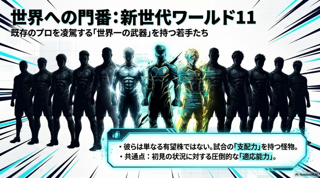 既存のプロを凌駕する世界一の武器と圧倒的な適応能力を持つ新世代ワールド11の解説スライド