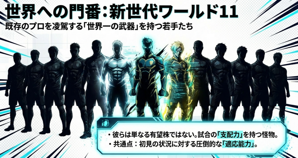 既存のプロを凌駕する世界一の武器と圧倒的な適応能力を持つ新世代ワールド11の解説スライド