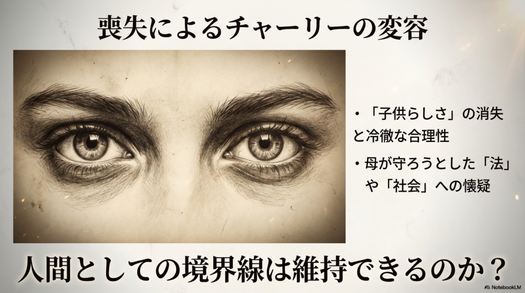 養母の死をきっかけに子供らしさを失い冷徹な合理性に傾くチャーリーの精神変化を解説したスライド