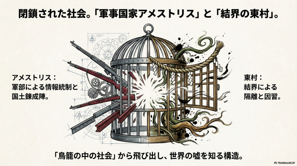 軍事国家アメストリスと結界の東村を鳥籠に見立て、閉鎖社会から外の世界へ飛び出す物語構造を表現したスライド 。