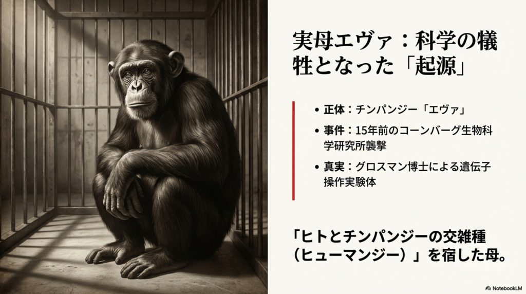 コーンバーグ生物科学研究所で遺伝子操作実験体となったチンパンジーのエヴァの解説画像