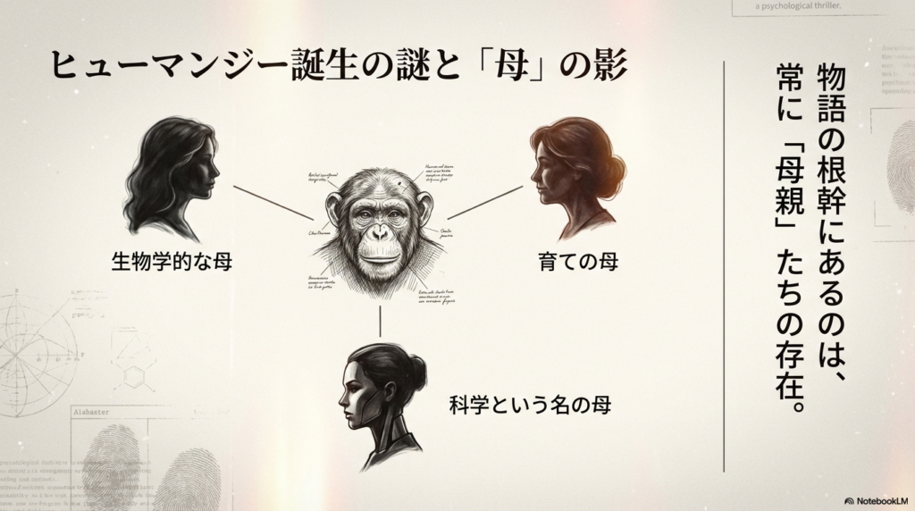 ダーウィン事変に登場する実母、育ての母、科学の母の3人の役割をまとめたスライド画像