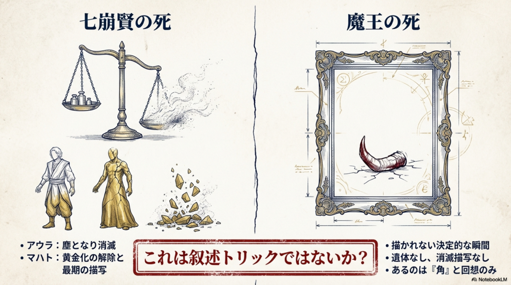 アウラやマハトの消滅描写と、描写がない魔王の最期（遺された角）を比較し、叙述トリックの可能性を指摘する図解。