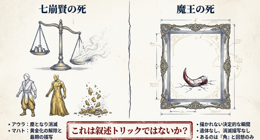 アウラやマハトの消滅描写と、描写がない魔王の最期（遺された角）を比較し、叙述トリックの可能性を指摘する図解。