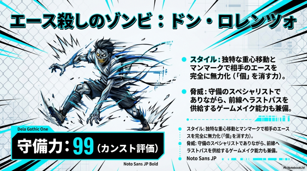 守備力99を誇り、マンマークで相手のエースを無力化しつつゲームメイクもこなすドン・ロレンツォの能力解説