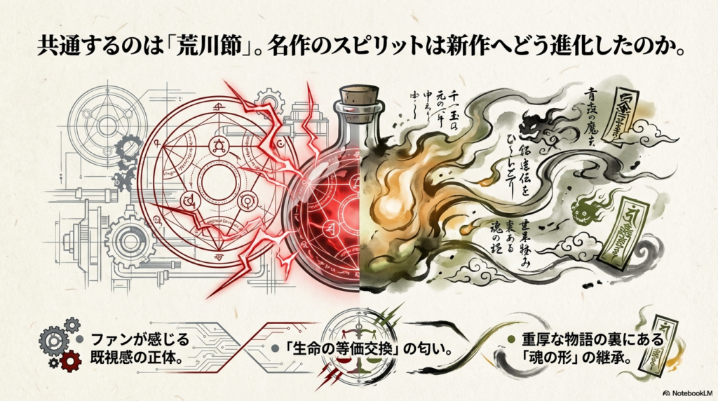 鋼の錬金術師の赤い錬成陣と、黄泉のツガイの和風な煙が対比され、物語の裏にある魂の形の継承を表現するスライド 。