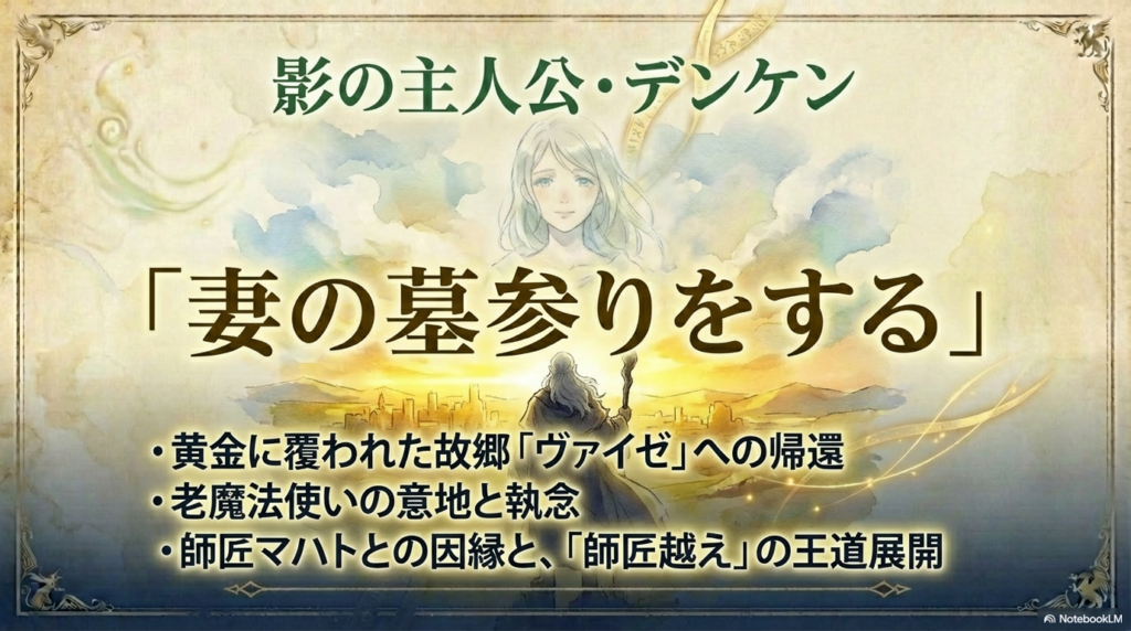 故郷ヴァイゼへの帰還と、師匠マハトとの因縁を描くデンケンの紹介スライド