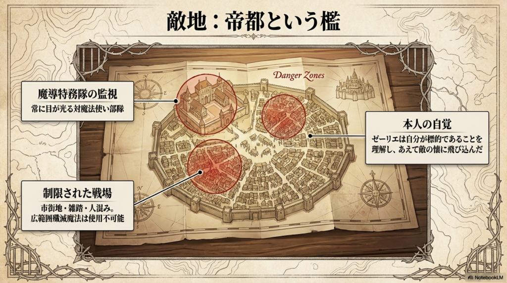 ゼーリエ暗殺計画の舞台となる帝国帝都の監視網と制限された戦場の解説マップ